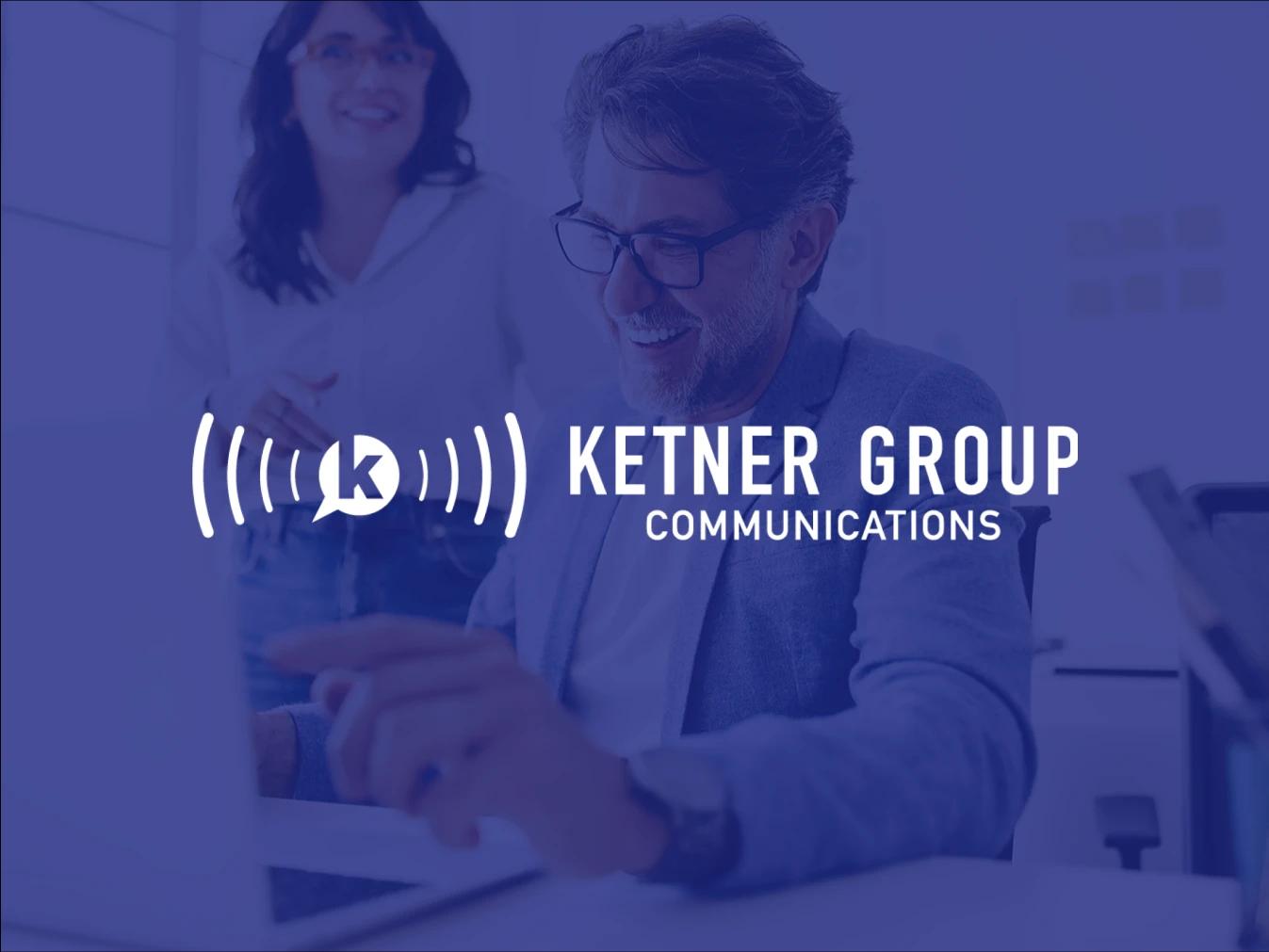 Logo for Ketner Group Communications overlayed on an image of two people collaborating on a laptop