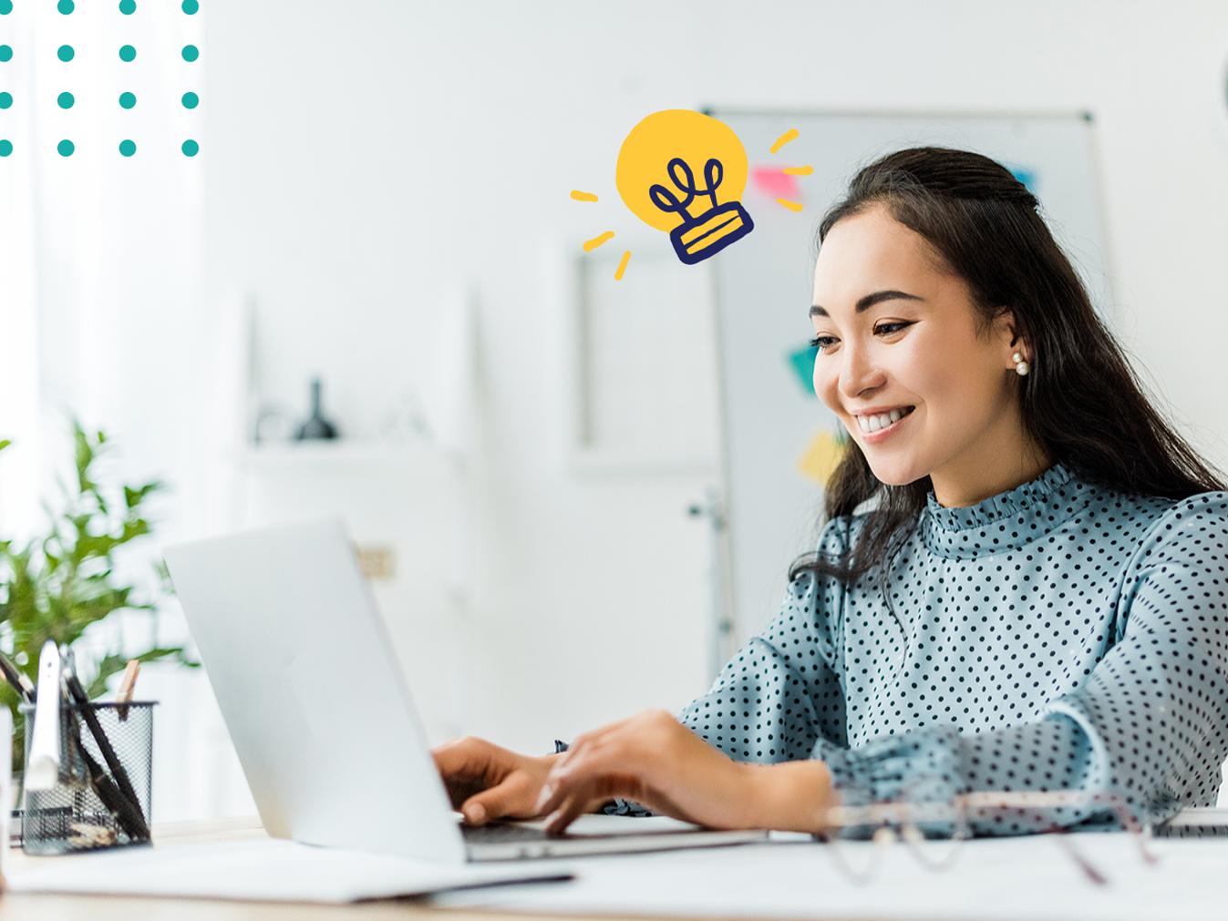 woman working on a laptop with a lightbulb above her head