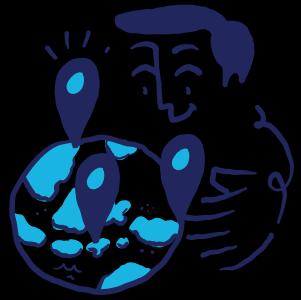 man holding the globe with three location icons