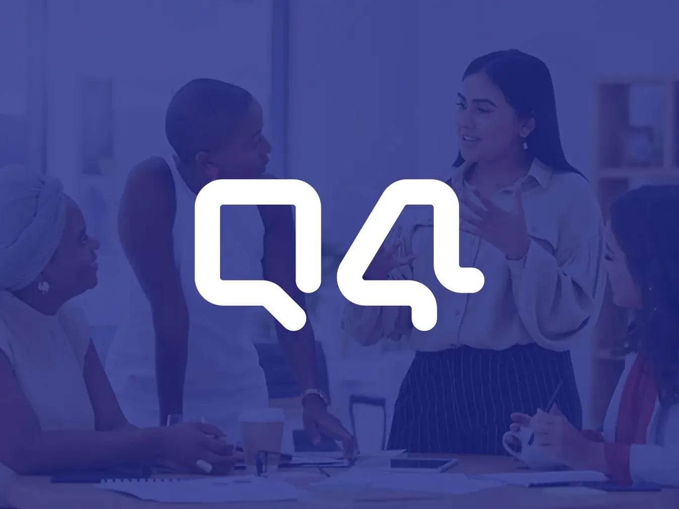 Logo for Q4, a Business Wire customer, overlayed on an image of a team of women having a conversation