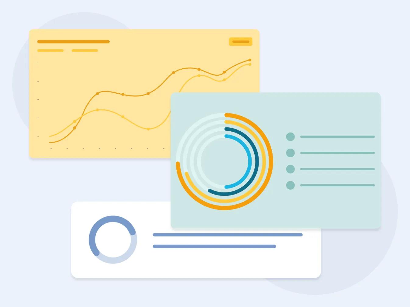 lo-fi examples of charts in Business Wire's NewsTrak analytics dashboards