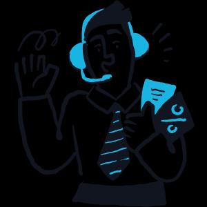 man with headphones waving while holding documents